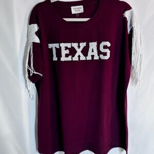 NWOT Fantastic Fawn Game Day Maroon Sequin Texas Stars & Fringe T-Shirt